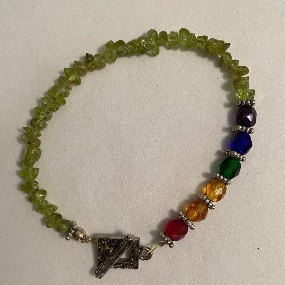 Boho Raw Peridot Chunky Gemstone Swarovski Crystal Bracelet with Silver Clasp